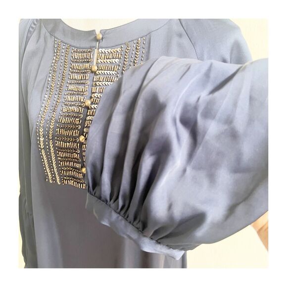 Chico’s Silky Sequin V-Neck Beaded Blouse Navy Bronze Size 1/Medium Elegant - Picture 9 of 13